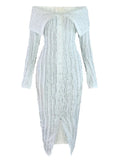 Women's Chic Pleated Midi Dress Off Shoulder See-Through Fitted Ruched Party Dress Night Club Outfits Clubwear