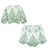 Zjkrl  -  Embroidery Hollow Out 2 Pcs Women Outfits Short Set Half Sleeve Cotton Boho Casual Blouse+shorts Sets Vintage New Set
