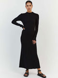 Zjkrl - 2023 Autumn Winter Knitted Maxi Dress Elegant Women Long Sleeve Slim Pleated Robe Club Party Bodycon Long Dress Vestidos