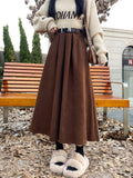 Zjkrl  -  Mid Long Skirts Womens Corduroy Skirt Autumn Winter Korean Vintage High Waist Ruffle Pleated Skirts With Belt