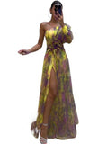Zjkrl - Elegant Tie-dye Print Dress Women  Fashion Oblique Shoulder Pleated Long Dresses 2023 Summer Autumn Lady Party Evening Vestidos