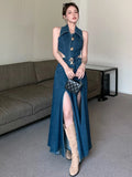 Zjkrl  -  Sleeveless Denim Dress For Women Metal Buckle Fashion Lapel Hollow Out Waist Slit A-line Vestido Robe Summer New Tide XX141