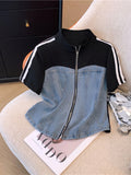 Zjkrl  -  holiday outfits Summer New Stitched Zipper T-shirt Top Female Set Elegant Women's Jeans Casual Blouse Two Piece Set Ladies Tracksuits