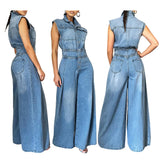 Zjkrl  -  Jumpsuits Women One Piece Denim Jeans Overalls Sleeveless High Waist Turn Down Collar Wide Leg Long Pants Rompers Summer