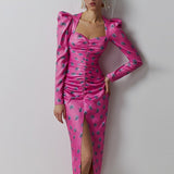 Sexy Square Collar Women Elegant Dresses Floral Print Long Sleeve High Waist Fold Slim Ladies Party Dress Spring Autumn Vestidos