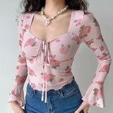Zjkrl  -  holiday outfits  Summer Women Floral Printed Sweet Holiday T-shirts Mesh Beach Tees Top Flare Sleeve Square Collar Lace Up Shirt