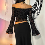 ZJKRL  -  New Elegant Women's Black Floral Mesh Off Shoulder Flared Sleeve T-shirt Top for Women