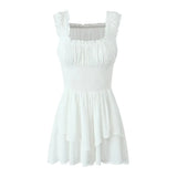 Zjkrl  -  White Dots Women Sleeveless Romper Tiered Wide Leg Summer Playsuit Elastic Smocking Square Collar Overall