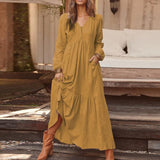 Retro Casual Loose Cotton Hemp Women Dress Button V-neck Long Sleeve Solid Color Dress Autumn Winter 2023 Elegant Party Vestidos