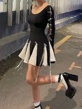 Zjkrl - Lace Up High Waist Dress For Women Folds Splice Bodycon Mini Dress Hot Girls Street Slim See Through Dresses Woman Autumn