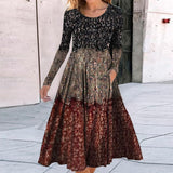 Vintage Fashion Pattern Print Boho Long Dress Women O Neck Patchwork A-Line Office Dress Spring Autumn Long Sleeve Party Dresses