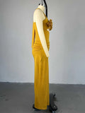 ZJKRL -  Halter Neck Dress for Women Evening Appliques Classy Elegant Gold Dress High Waisted Tights Summer Female Dress Long Sexy