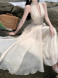 Zjkrl  -  Beach Holiday Dress Summer Sleeveless Halter Long Dresses Women Backless A-line V-neck Party Wedding Prom Robe Ropa Mujer