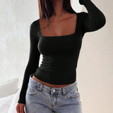 Zjkrl  -  New Women T-shirt Autumn Sexy Low Chest Solid Elegant T-shirt Streetwear Fashion Long Sleeves Casual Slim Versatile Female Tees