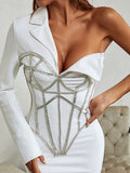 Zjkrl - 2023 Fall New Women's Diamond Beaded Mini Skinny Sexy V-neck Single Sleeve Bandage Dress Celebrity Runway Party Dress