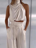 Zjkrl - Drauuing Beige Two Piece Pants Sets Women Outfit Silk Pleated Texture Sleeveless Top Wide Leg Pants Set Summer Matching Sets