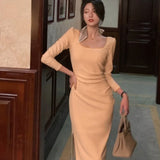 ZJKRL -  Autumn New Bodycon Midi Dresses Women Square Collar Long Sleeve Slim Waist French Vintage Office Lady Vestidos Female Clothing