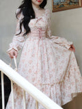 2024 Spring Pink Floral Elegant Dress Women Bandage Lace Print Sweet Vintage Dress Puff Sleeve Kawaii Dress Women Princess Fairy