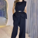 Zjkrl  -  Two Piece Sets Women Pants Set Round Neck Belt Sleeveless White High Waist Tops Solid Wide Leg Long Pants Slim Fit Elegant
