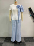 ZJKRL -  Wide Leg Woman Pants Set Summer Appliques White Top and Stripe Trouser Two Piece Office Ladies Wear