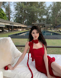 ZJKRL -  Fashionable Suspender Sexy Floral Red Dress Summer Print Elegant V-neck Pullover Tie Tight Women's Backless Long Dress Z639