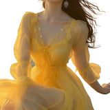 New Yellow Chiffon Elegant Women Long dress 2024 Summer Sweet  Beach Vacation Romantic Fairy Beach Dress