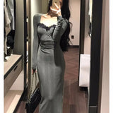 ZJKRL -  Elegant Bodycon Evening Party Dresses Women Long Sleeve Lace Square Collar Midi Dress High Split Prom Robe Autumn Vestidos New