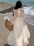 Zjkrl  -  Beach Holiday Dress Summer Sleeveless Halter Long Dresses Women Backless A-line V-neck Party Wedding Prom Robe Ropa Mujer