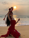 ZJKRL -  Fashionable Suspender Sexy Floral Red Dress Summer Print Elegant V-neck Pullover Tie Tight Women's Backless Long Dress Z639