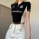 Zjkrl  -  Black Short Sleeve Women's T-shirt Summer Letter Embroidery Patchwork Sexy O-Neck Crop Top Casual Fashion Zippers T Shirt Female