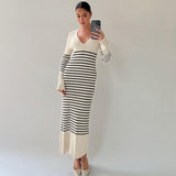 Zjkrl - Black White Striped Knitted Maxi Dress for Women Elegant Long Sleeve Slim Sweater Dress Autumn Winter Causal Long Dress 2023