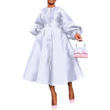 ZJKRL -  Elegant Satin Lantern Sleeve Party Maxi Dress Women Solid Button Down Shirt Evening Wedding Long Dress Women