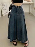 Zjkrl  -  Maxi Long Skirts Women Vintage Spring Summer High Waist Jean Skirt Ladies  A-Line Ruffle Pleated Denim Skirt Plus Size With Belt