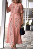 ZJKRL -  Elegant Lace Maxi Dress Women Solid Hollow Out Button Down Shirt Lace Party Evening Long Dress Women