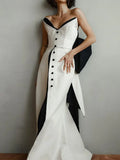 Elegant Off Shoulder Patchwork Floor Lenth Dress Women Backless Sleeveless Button Robes 2024 Fashion Lady Evening Prom Vestidos