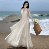 Zjkrl  -  Beach Holiday Dress Summer Sleeveless Halter Long Dresses Women Backless A-line V-neck Party Wedding Prom Robe Ropa Mujer