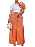 ZJKRL -  Wide Leg Woman Pants Set Summer Appliques White Top and Stripe Trouser Two Piece Office Ladies Wear