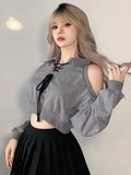 Zjkrl  -  holiday outfits Sexy Cropped Women Y2K Sweatshirt Streetwear Off Shoulder Gothic Tops Autumn Korean Long Sleeve Harajuku Grey Pullovers New