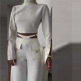 Zjkrl  -  holiday outfits Women Pant Set Solid Two Piece Sets Turtleneck Full Sleeve Tops Sexy Wide Leg Long Pants Loose Casual Regular Splice