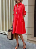 ZJKRL -  Solid Color Shirt Dress for Women Cotton-blended Long Sleeves Midi Dress 2025 Buttoned Loose Fit Commuter Outerfits