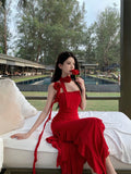 ZJKRL -  Fashionable Suspender Sexy Floral Red Dress Summer Print Elegant V-neck Pullover Tie Tight Women's Backless Long Dress Z639