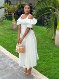 ZJKRL -  White Dresses Woman Summer Pleated Ruffle Hem Sexy Dress Ladies Off The Shoulder Elegant Long Slim Dress
