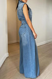 Zjkrl  -  Jumpsuits Women One Piece Denim Jeans Overalls Sleeveless High Waist Turn Down Collar Wide Leg Long Pants Rompers Summer