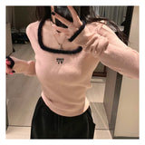 Zjkrl  - holiday outfits Winter Women Butterfly Embroidered T-shirts Square Neck  Long Sleeve Patchwork Y2K T-Shirts Autumn Women Casual Tees