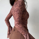 Zjkrl  -  Paisley Flare Sleeve T-shirts Women Vintage Slim Elegant Spring Autumn Literary Sexy Designer Lace-up Gentle Crop Tops Maillard