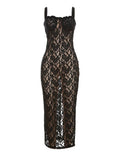 Sexy Lace See Through Split Women Long Dress Female Slash Neck Spaghetti Straps Slim Fit Dresses Summer Fashion Elegant Vestidos