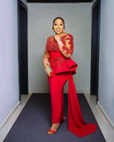 Zjkrl  -  Plus Size Arabic Aso Ebi Prom Dresses Red Lace Appliques Sheer Long Sleeves Sheath Evening Gowns Sweep Train Women Party Dress