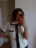 Zjkrl - Cotton Knitted Hollow Out Top Skirt 2 Piece Set Lapel Short Sleeve Tops Striped Skirt Suit 2023 Summer Women's Vacation Outfits