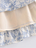 Retro French style Summer Blue White Floral Swallow Print Ruched Bandage Strap Mini Dress Sexy Ruffles Hem Lacing Up Sling Robe