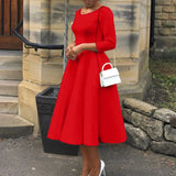 ZJKRL -  Summer Business Dress Women Casual Solid O Neck 3/4 Sleeve Tight High Waist Ruffle Hem Long Maxi Party Work Dress Women